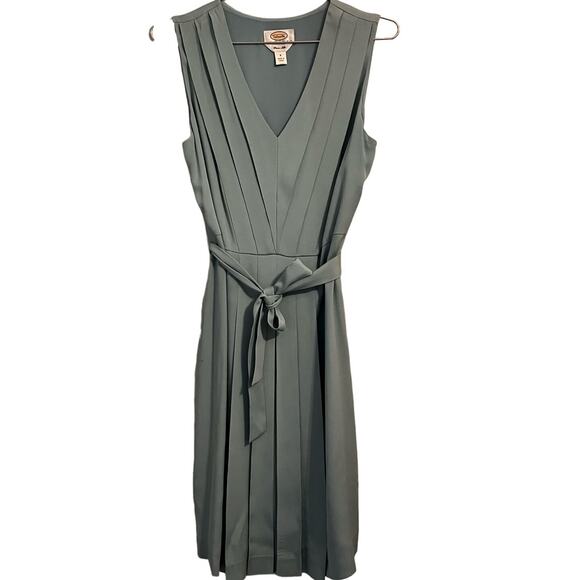Talbots Vintage Pale Seafoam Blue Silk Pleated V Neck Belted Dress P8 - Picture 1 of 6